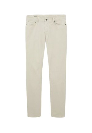 Pantalons droit couleur beige clair en coton. Comprend des poches avant, une fermeture éclair et un bouton métalliques. Texture lisse.