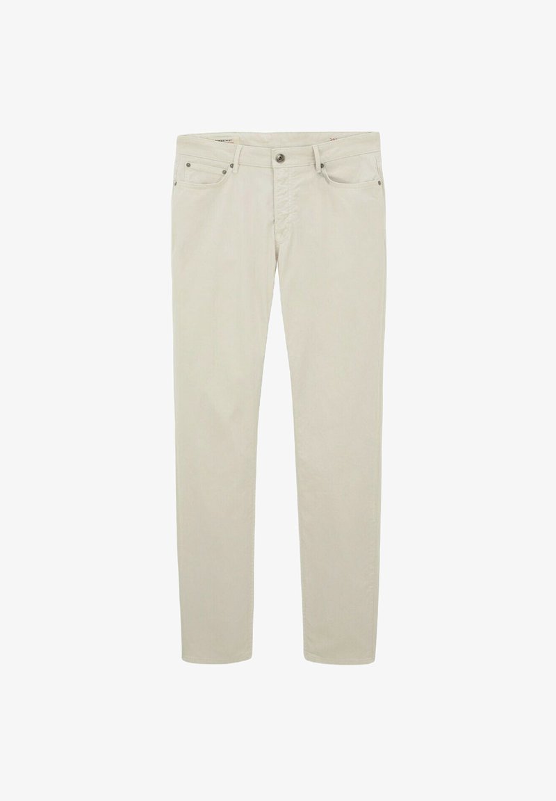 Pantalons droit couleur beige clair en coton. Comprend des poches avant, une fermeture éclair et un bouton métalliques. Texture lisse.