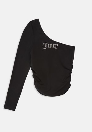 Sort asymmetrisk top med langt ærme og one-shoulder med "Juicy" skrevet i rhinsten på brystet.