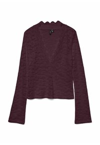 Dieprode top met lange mouwen en een gestructureerde stof, met een getande v-halslijn en een cropped model. Versierd met een decoratief patroon.