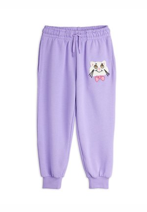 Lila Jogginghose aus weichem Material, mit einem gestickten Katzenkopf mit einer rosa Schleife auf dem linken Oberschenkel sowie elastischen Bündchen und einem elastischen Bund.