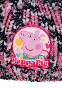 Knit beanie in pink, navy, and silver threads with a circular Peppa Pig logo featuring a cartoon pig against a colorful background.