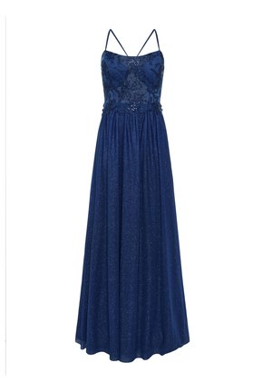 Robe de soirée longueur sol en bleu marine profond. Le buste est orné de détails en dentelle et d'accents brillants. Bretelles spaghetti et jupe fluide.
