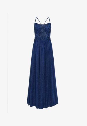 Bodenlanges Abendkleid in tiefem Marineblau. Oberteil mit Spitzenverzierungen und Glitzerakzenten. Spaghetti-Träger und fließendes Rockdesign.