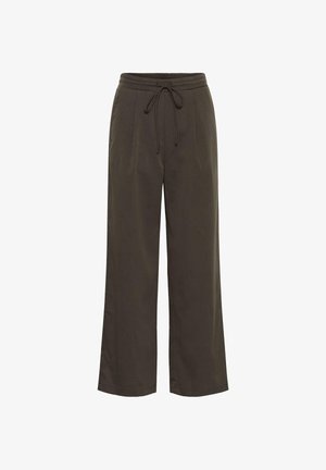 Ciemnozielone spodnie wide-leg z elastycznym pasem, z plisami z przodu i gładkim, miękkim materiałem przez całą długość.