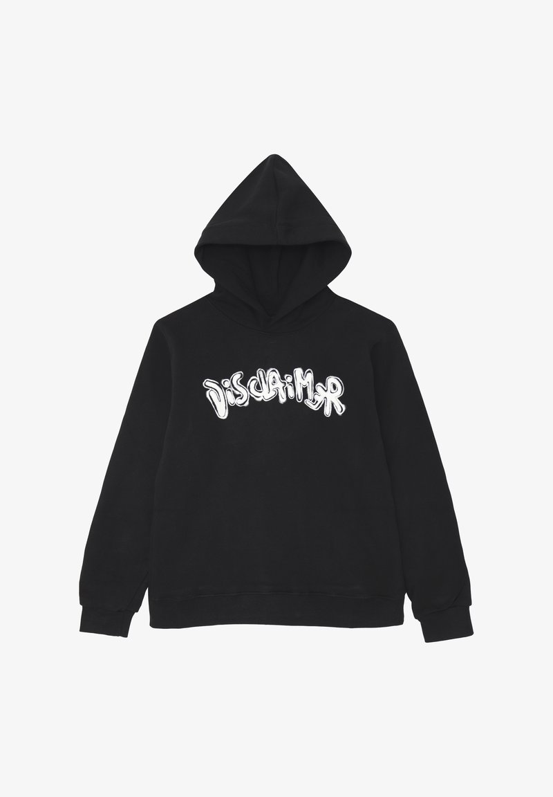 Felpa nera in cotone, con una grafica frontale che riporta la scritta "Disclaimer" in bianco, dotata di tasca a marsupio e polsini a coste.