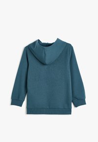 Sudadera verde azulado con capucha, mangas largas y puños acanalados. Textura suave con un diseño simple y sólido, sin patrones ni acentos visibles.