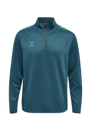 Teal langærmet sportspullover med kvart lynlås, høj krave og hummel-logo på venstre bryst samt chevron-striber på skuldrene.