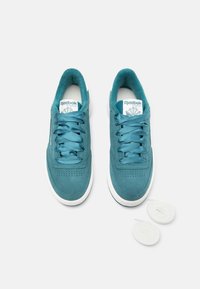 Tênis de camurça verde-água com bicos arredondados, detalhes perfurados e atacadores de cetim combinantes. Inclui atacadores brancos adicionais ao lado.