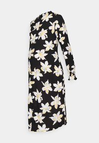 Vestido de maternidade preto com mangas longas, apresentando padrões florais em branco e amarelo, e fecho de botão na parte frontal. Tecido com textura suave.