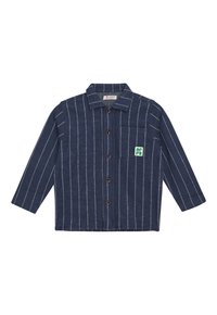 Donkerblauwe lange mouwen shirt met witte verticale strepen, bruine knopen, een borstzakje aan de voorkant en een groen-wit Noppies logoapplicatie.