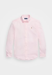 Ljusrosa långärmad skjorta med knappar framtill, gjord av bomull. Har en krage, knappar längst fram och en liten broderad logotyp på bröstet.