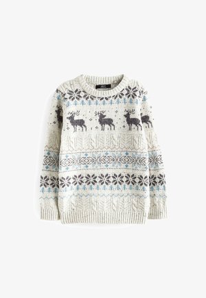 Pull en tricot crème avec des motifs d'hiver bleus et bruns comprenant des rennes, des flocons de neige et des dessins géométriques.