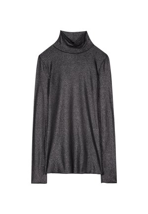 Langärmliges Turtleneck-Oberteil aus metallischem schwarzem Stoff, mit einer weichen Textur, einem lässigen Kragen und eng anliegenden Ärmeln.