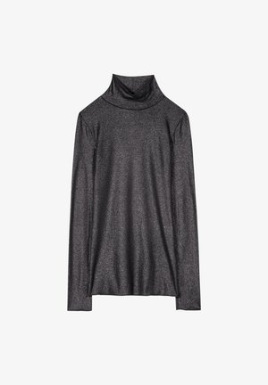 Langärmliges Turtleneck-Oberteil aus metallischem schwarzem Stoff, mit einer weichen Textur, einem lässigen Kragen und eng anliegenden Ärmeln.