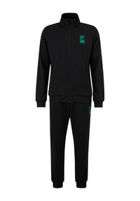 Survêtement noir comprenant une veste zippée à col montant et un pantalon assorti, tous deux ornés d'un logo bleu sarcelle sur la poitrine et la cuisse.