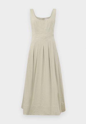 Beige sleeveless dress with a square neckline, featuring pleats and side pockets, crafted from a smooth fabric, with a concealed back zipper.