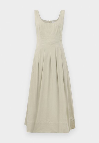 Beige sleeveless dress with a square neckline, featuring pleats and side pockets, crafted from a smooth fabric, with a concealed back zipper.