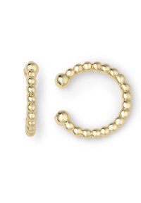 Goldene Creolen mit einemPerlenmuster. Die Oberfläche ist glatt und glänzend, mit gleichmäßig verteilten runden Perlen.