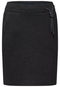 Jupe gris foncé à texture lisse, taille élastique avec cordon de serrage. Design simple et ajusté, sans motifs ni ornements.