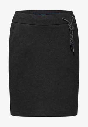 Ciemnoszara spódnica o gładkiej fakturze, z elastycznym pasem i sznurkiem jako dodatkiem. Prosty, dopasowany fason bez wzorów ani ozdób.