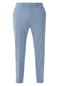 Hellblaue, maßgeschneiderte Hosen aus strukturiertem Stoff mit vertikalen Falten und geradem Bein. Mit Gürtelschlaufen und seitlichen Taschen.