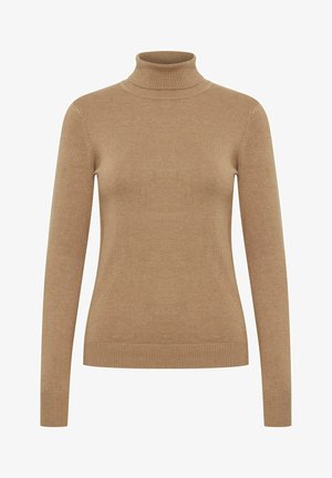 Beiger Rollkragenpullover aus weichem Strickstoff. Mit langen Ärmeln und gerippten Abschlüssen. Einfaches, figurbetontes Design.