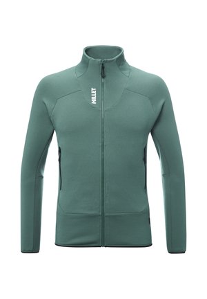 Veste zippée verte avec un col haut. Fabriquée en matériau doux, elle présente un design ajusté et des fermetures éclair noires contrastées. Marquage minimaliste sur la poitrine.