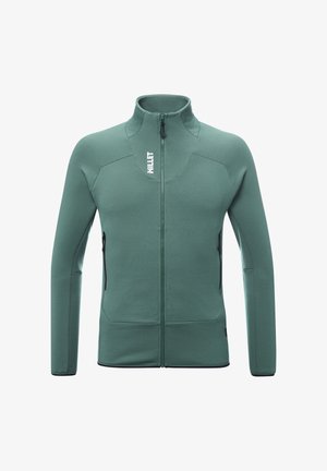 Grüne, zip-up Jacke mit hohem Kragen. Aus weichem Material gefertigt, mit einer figurnahen Passform und kontrastierenden schwarzen Reißverschlüssen. Minimalistisches Branding auf der Brust.