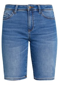 Blue denim shorts with a regular fit, five pockets, a button closure, and contrast stitching. Slightly faded at the thigh for a worn look.