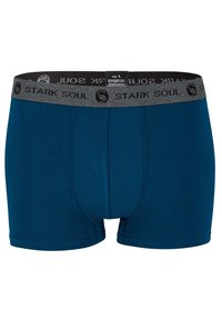 Boxer briefs blu in cotone con cinturino elastico grigio su cui è stampato il testo "STARK SOUL"; texture liscia e design aderente.