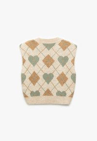 Beige gebreide vest met een patroon van harten en diamanten in gedempte groene en bruine tinten, met een ronde halslijn en geribbelde zoom.