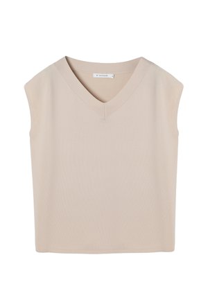Bež pamučni top bez rukava s V-izrezom i rebrastim ovratnikom, prikazan položen ravno na bijeloj pozadini.
