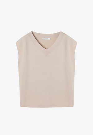 Haut beige sans manches à col en V en maille avec col côtelé, présenté à plat sur fond blanc.
