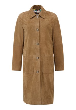 Langer brauner Wildledermantel mit Frontknöpfen, zwei großen aufgesetzten Taschen und spitzem Kragen, innen mit farbenfrohem gemustertem Futter.