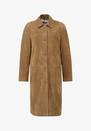 Langer brauner Wildledermantel mit Frontknöpfen, zwei großen aufgesetzten Taschen und spitzem Kragen, innen mit farbenfrohem gemustertem Futter.