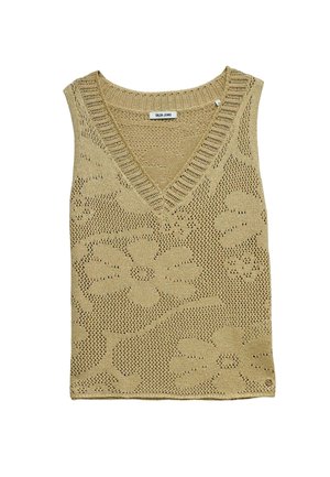Suéter sin mangas de punto beige con escote en V y patrón floral, etiqueta de la marca "Salsa Jeans" dentro del cuello.
