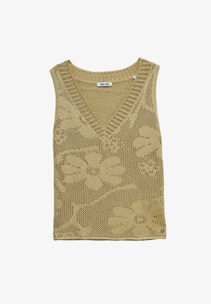 Suéter sin mangas de punto beige con escote en V y patrón floral, etiqueta de la marca "Salsa Jeans" dentro del cuello.