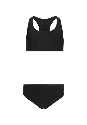 Black two-piece swimsuit with a racerback sports bra top and plain bikini bottoms on a white background.