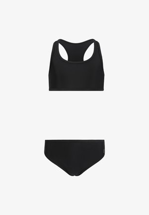 Maillot de bain deux pièces noir avec haut brassière de sport dos nageur et bas de bikini uni sur fond blanc.