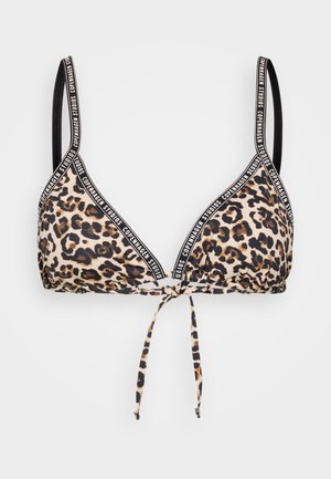 Leopard print bikini top with a triangular shape, adjustable tie in front, and contrasting straps featuring "Copenhagen Studios" branding.