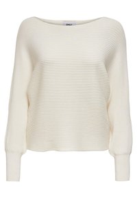 Pull en tricot couleur crème avec texture côtelée horizontale, encolure large et manches longues ajustées. Étiquette de la marque visible au col.