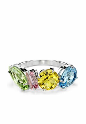 Silberner Ring mit vier farbigen Edelsteinen in Grün, Pink, Gelb und Blau, jeweils in unterschiedlicher Form geschliffen und sicher in Krappen gefasst.