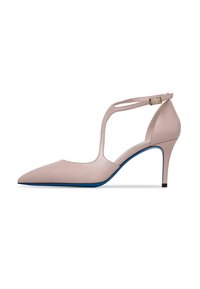 Décolleté in pelle rosa pallido con punta affusolata, cinturino alla caviglia e suola blu. Presenta un design elegante con un tacco a spillo di 10 cm.