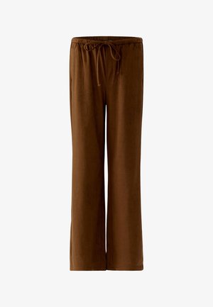 Pantalon marron à jambes larges avec taille élastique et cordon de serrage ajustable, fabriqué à partir d'un tissu doux et lisse.