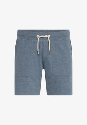 Blauwe katoenen shorts met een trekkoord in de taille, voorzien van twee zijzakken en een textuurafwerking. Minimalistisch ontwerp zonder extra patronen.