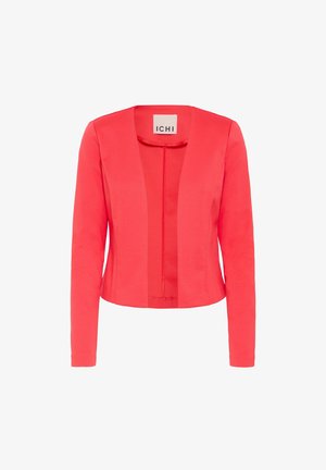 Coral, long-sleeve jacket with an open front design. Made of smooth fabric with a fitted silhouette and soft texture. Brand label visible inside.