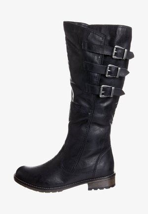 Black faux leather knee-high boot with three buckle accents, rounded toe, textured surface, and a low stacked heel.