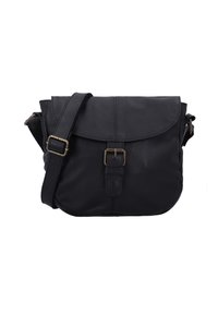 Borsa a tracolla in pelle nera con forma arrotondata, chiusura a pattina e tracolla regolabile. Presenta un accento in metallo a fibbia sul davanti.