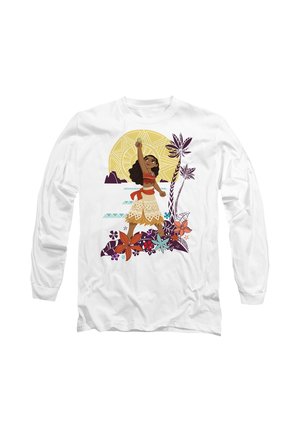 White long-sleeve shirt featuring a colorful tropical design with a girl dancing, floral accents, and a large yellow sun in the background.